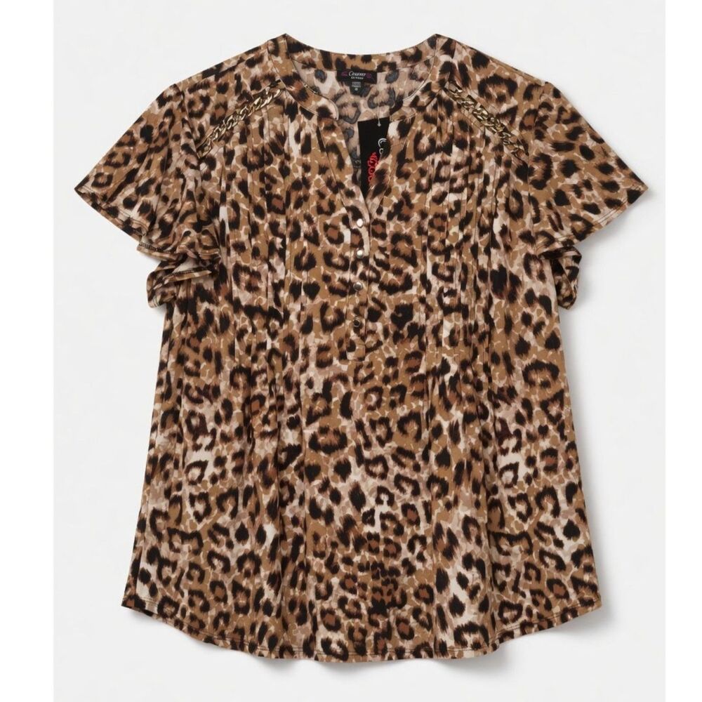 Cocomo Plus Size 2X Black Tan Animal Print Pintuck Short Flutter Sleeve Top - Picture 3 of 7